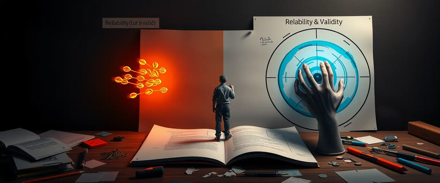 اینفوگرافیک مقایسه پایایی و روایی با دو تخته دارت. یک تخته، مفهوم پایایی بدون روایی را (دارت‌ها در گوشه‌ای از تخته جمع شده‌اند) و تخته دیگر، پایایی و روایی کامل را (دارت‌ها در مرکز هدف جمع شده‌اند) نشان می‌دهد.