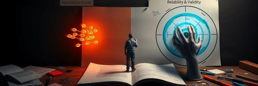 اینفوگرافیک مقایسه پایایی و روایی با دو تخته دارت. یک تخته، مفهوم پایایی بدون روایی را (دارت‌ها در گوشه‌ای از تخته جمع شده‌اند) و تخته دیگر، پایایی و روایی کامل را (دارت‌ها در مرکز هدف جمع شده‌اند) نشان می‌دهد.